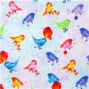 Tissu bleu clair avec des oiseaux multicolores