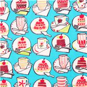 Tissu en coton bleu clair tasses à café et gâteaux multicolores