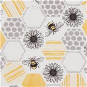 Tela crema claro de panal con abejas flores y celdillas