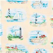 Tissu en coton crème avec des maisons lumineuses sur un fond de ciel bleu