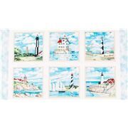 Tissu à panneaux en coton crème maisons ciel bleu phares bord de mer ports