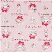 Tissu laminé rose clair avec My Melody et des petites fraises