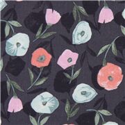 Tissu linon léger en coton gris avec des fleurs, des coquelicots