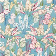 Tissu en coton bleu avec des feuilles multicolores dessinées