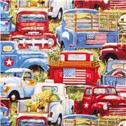 Tela de camionetas pick up azul rojo blanco EE. UU. con banderas y flores