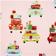 Tissu de Noël rose voitures cadeaux sur le toit rétro festif