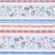 Tissu coton bandes rayures roses bleues fleurs papillons phrases