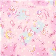 Tela laminada rosa de Japón de tumbling kawaii unicorn and glitter stars