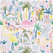 Tissu minky blanc arcs-en-ciel et feuillages, dinosaures multicolores,