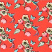 Tissu rouge avec des colibris et des fleurs