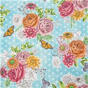 Tissu en coton bleu riviera bouquets de roses papillons monarques
