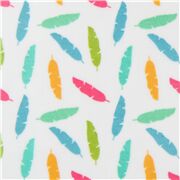 Tissu laminé déperlant blanc avec des plumes multicolores coupon