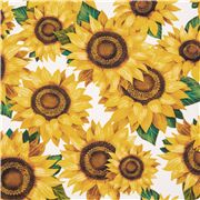 Tissu en coton blanc avec des tournesols jaunes et des feuilles