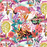Tela blanca algodón con animales plantas de colores ciervos