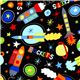 black fabric with rockets stars space Robert Kaufman 1