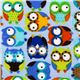 light blue designer fabric with small colourful owls 1