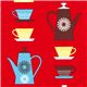 red fabric with coffee pots & mugs Realizzato da Robert Kaufman 1