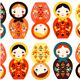 white Robert Kaufman fabric with matryoshkas orange yellow 1