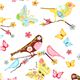 white fabric bird flower butterfly Robert Kaufman 1