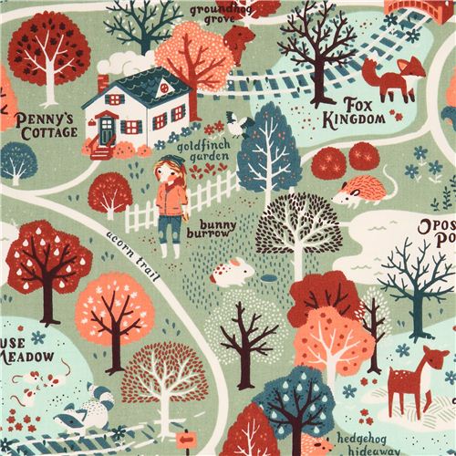 Tissu bio birch Acorn Trail Map avec une fort, une fillette, l'automne Tissu