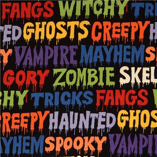 Schwarzer Stoff mit bunten Halloween-Begriffen Stoff