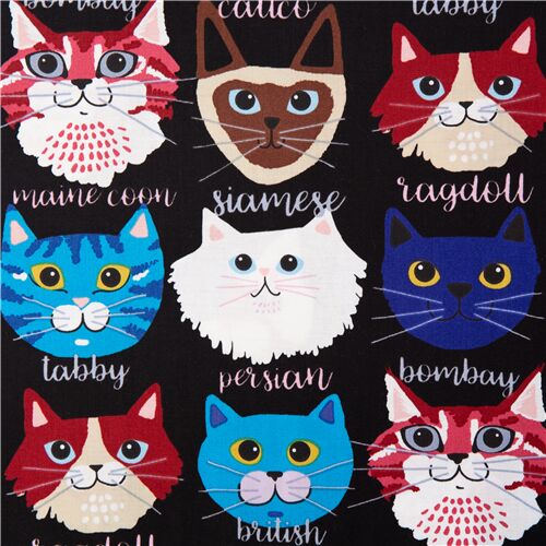 Remnant (31 x 112 cm) - Alexander Henry black fabric with colorful cats faces