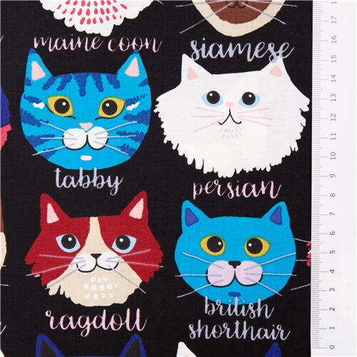 Remnant (31 x 112 cm) - Alexander Henry black fabric with colorful cats faces 6