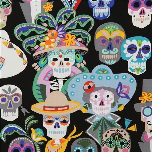Tissu noir avec des ttes de mort en sucre multicolores Tissu