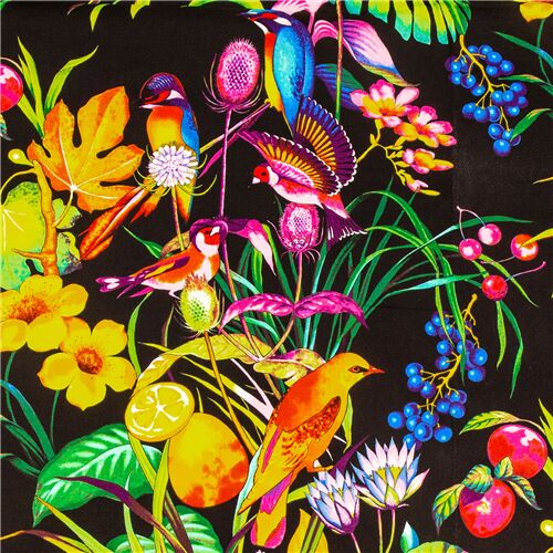 Alexander Henry black fabric with multicolour birds and leaves flowers tropical Fabric