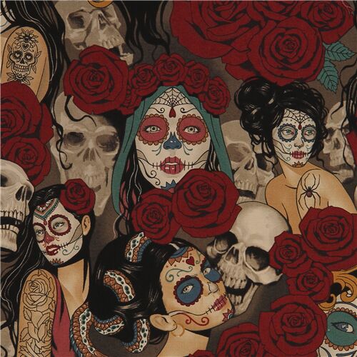 Dark Taupe Sugar Skull Women and Roses Fabric