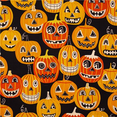 Tissu Halloween orange citrouilles coton noir Tissu