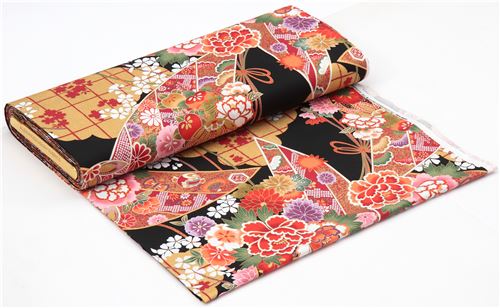 Chutes de tissu de (30 x 112 cm) - Tissu Alexander Henry, fleurs multicolores, d�co or m�tallique, G 4