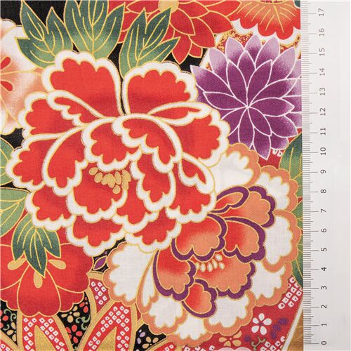 Chutes de tissu de (30 x 112 cm) - Tissu Alexander Henry, fleurs multicolores, d�co or m�tallique, G 3