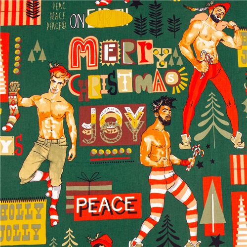 Alexander Henry tela verde algodón con hombres guapos sin camisa ayudantes Santa Tela