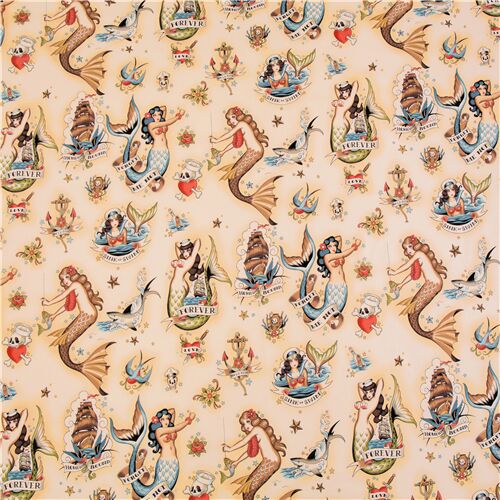 Remnant (20 x 112 cm) - Alexander Henry sailor fabric in cream with mermaid pin ups 4