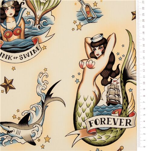 Remnant (20 x 112 cm) - Alexander Henry sailor fabric in cream with mermaid pin ups 5