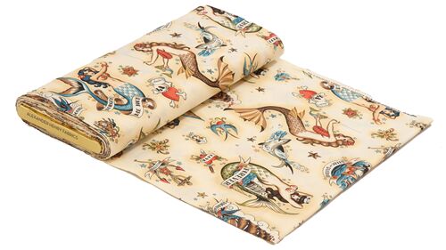 Remnant (20 x 112 cm) - Alexander Henry sailor fabric in cream with mermaid pin ups 6