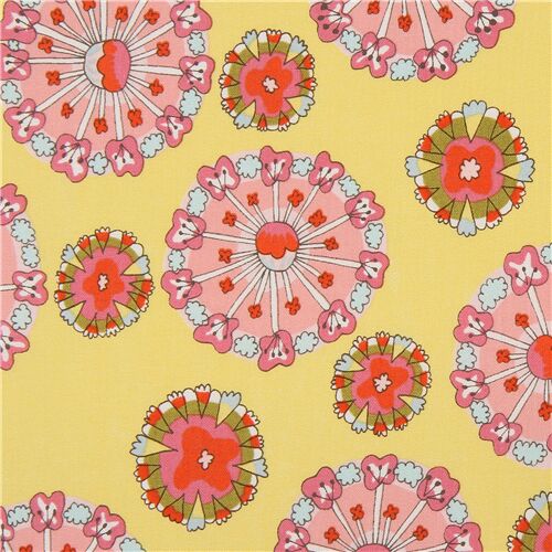 gelber Stoff mit bunten Blumen Stoff