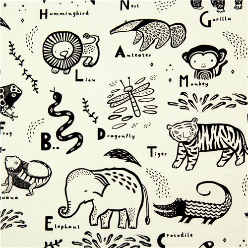 Tissu blanc lettres de l'alphabe anglais animaux illustrs en noir Tissu