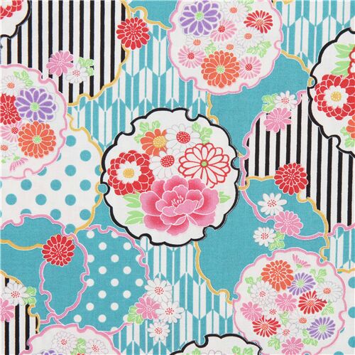 Asia amunzen fabric turquoise white patterns colorful flowers Japan Fabric
