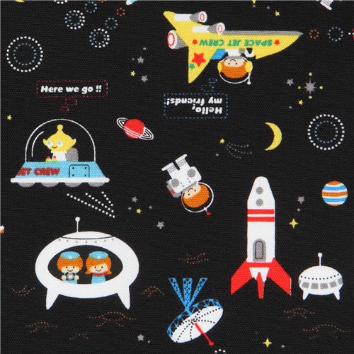 Astronauts Kokka fabric with rockets from Japan black 1