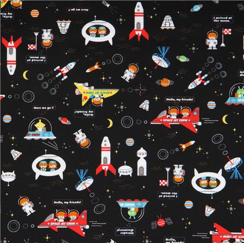 Astronauts Kokka fabric with rockets from Japan black 2