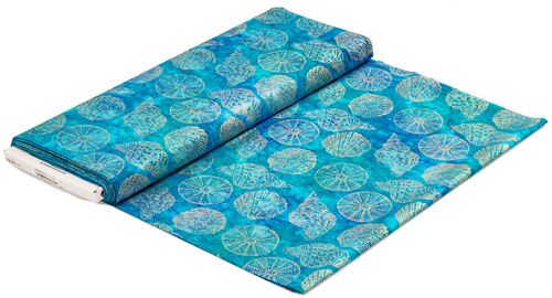 Resto de (50 x 112 cm) - Tela batik turquesa de algod�n conchas marinas dorado metalizado Michael Mi 4