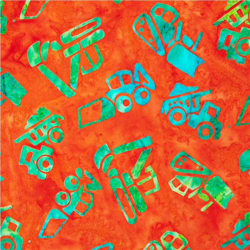Tela batik algodón naranja azul verde máquinas construcción EE. UU. Tela