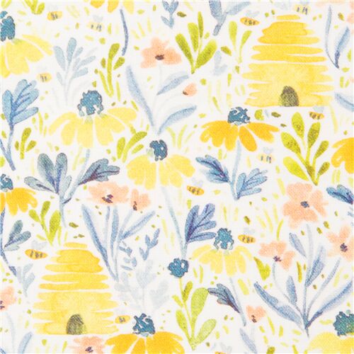 Watercolour Beehive Bees Flowers Floral Fabric