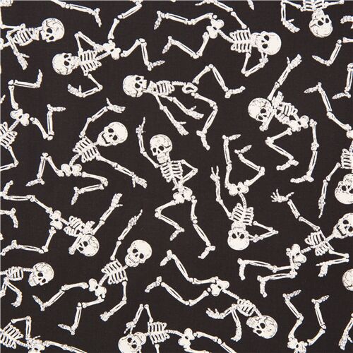 tessuto nero Timeless Treasures fosforescente scheletri danzanti Tessuto