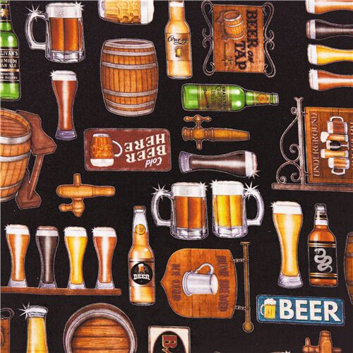 Tissu noir Quilting Treasures chopes, bières, plaques publicitaires, tonneaux Tissu
