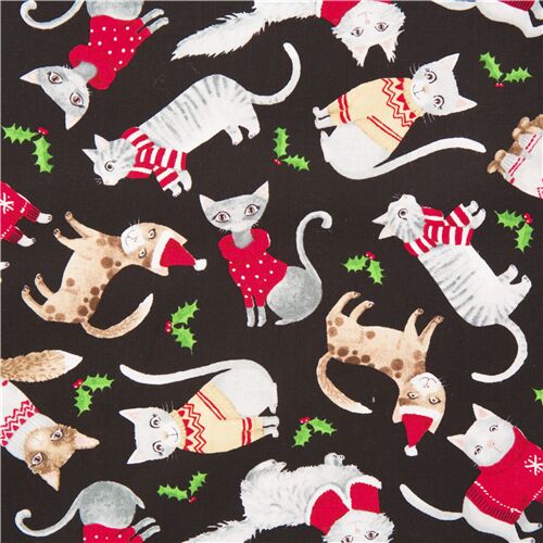 tessuto nero natalizio gatti maglioni Timeless Treasures Tessuto