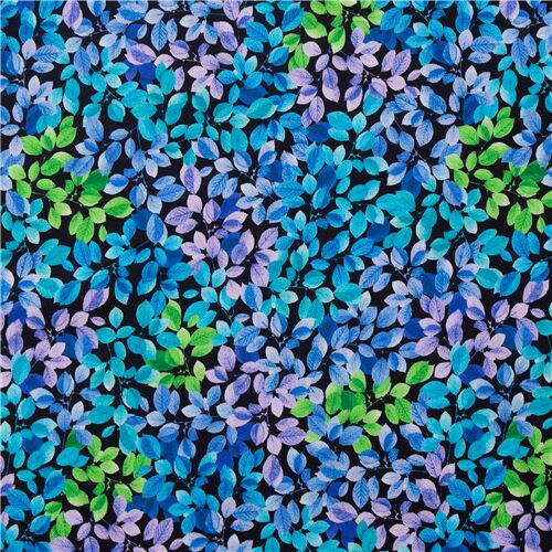 Schwarzer Stoff Blumenmuster blau grn Blatt Stoff