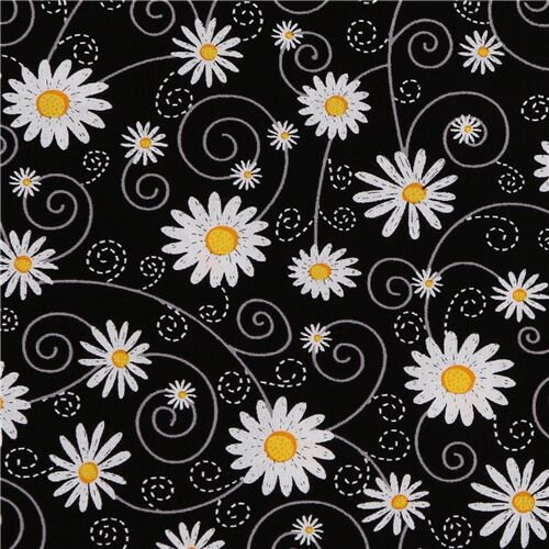 Black flower fabric daisy spiral vine Timeless Treasures USA Fabric